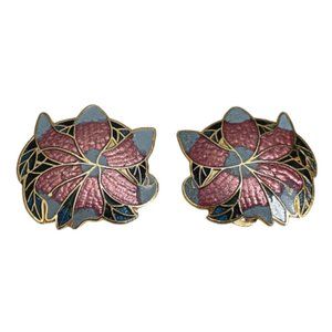 Vintage poinsettia cloisonne enamel earrings clip on signed SG